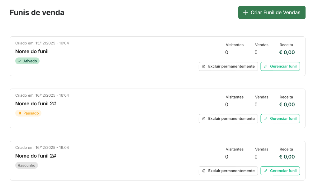 Tela inicial de listagem de funis