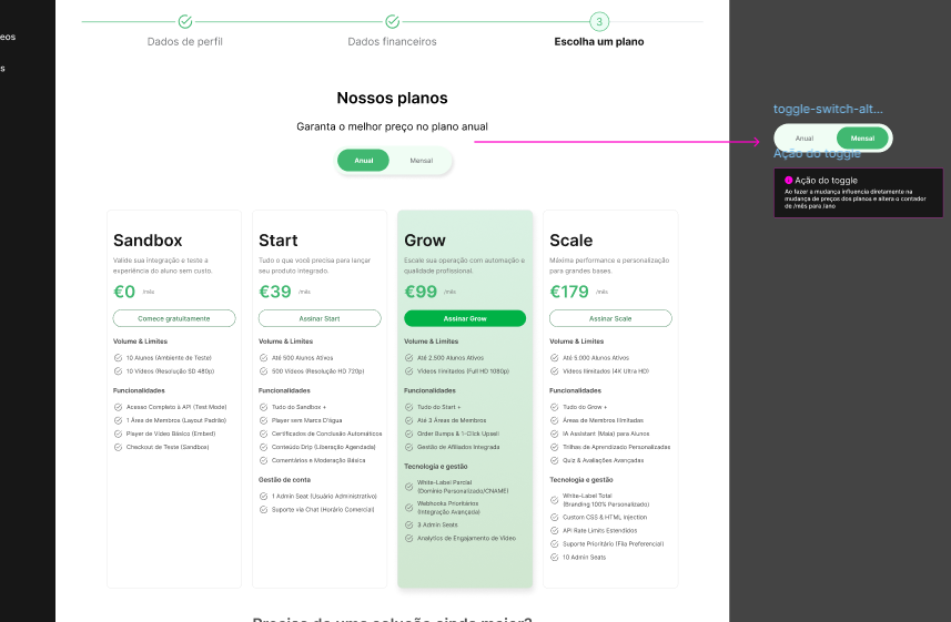 Tela de seleção dos planos