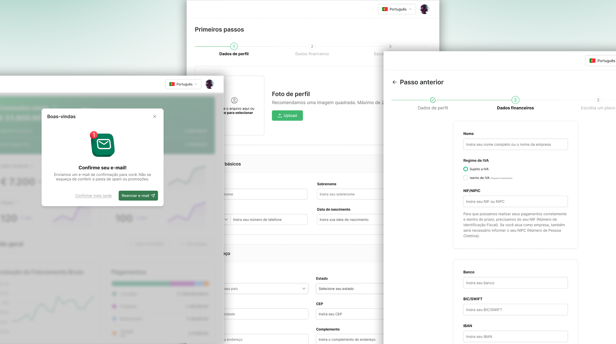 Sequência de 3 telas do fluxo