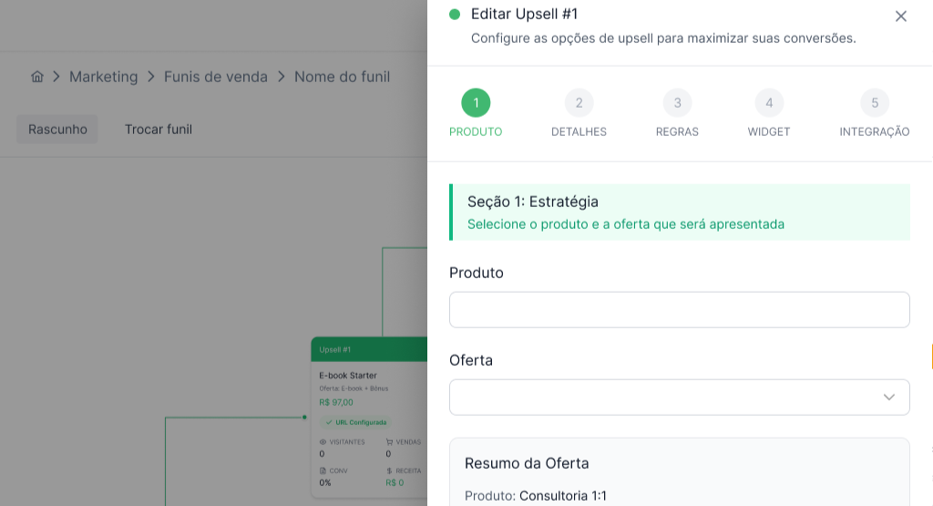 Sidebar de configuração do produto e oferta